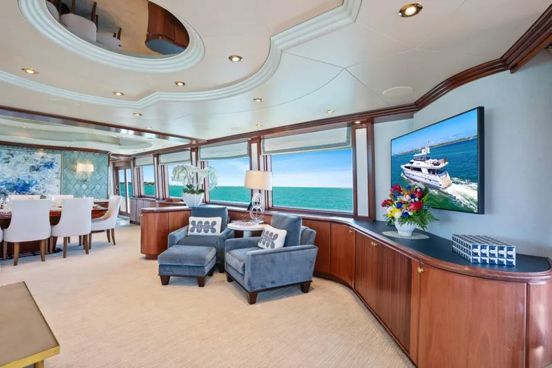 Risk And Reward Yacht Photos Pics Luxurious interior of 2004 Crescent Raised Pilothouse yacht with elegant seating and ocean views.