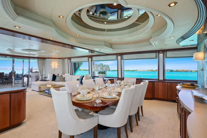 Risk And Reward Yacht Photos Pics Luxurious dining area on 2004 Crescent Raised Pilothouse yacht with ocean views.