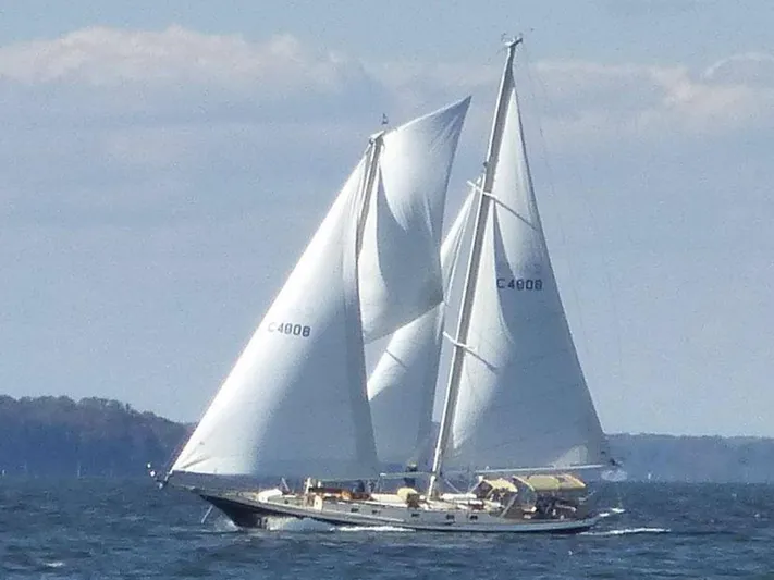 Light Reign Yacht Photos Pics Cherubini Schooner 2000 sailing on open water with full sails.