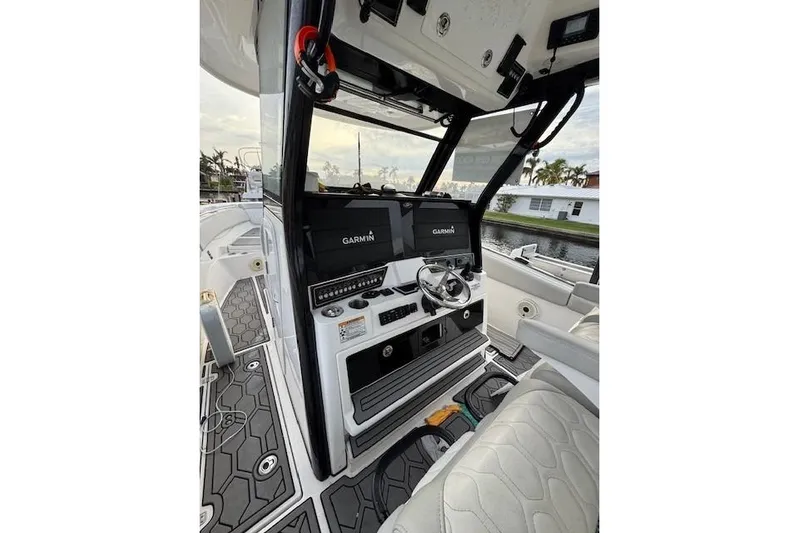  Yacht Photos Pics 2021 Sea Fox 368 Commander helm with Garmin displays and luxurious seating.