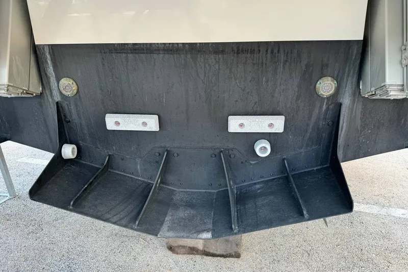  Yacht Photos Pics Rear view of 2026 Prestige F4.9 boat hull with fittings and fixtures.