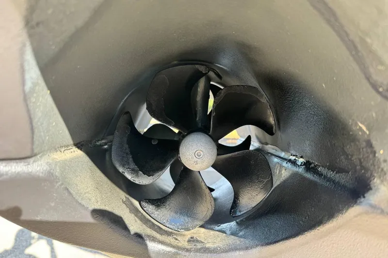  Yacht Photos Pics Close-up of a 2026 Prestige F4.9 boat propeller in a tunnel thruster.