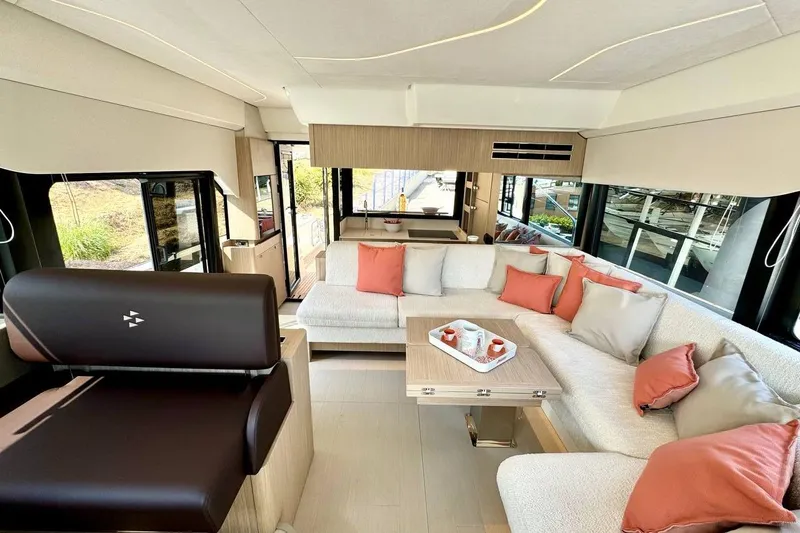  Yacht Photos Pics Luxurious interior of 2026 Prestige F4.9 yacht with modern seating and elegant decor.