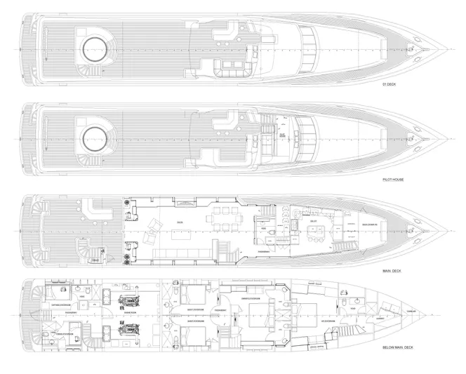 Cecelia Mae Yacht Photos Pics Blueprint of 2015 Broward Raised Pilothouse M/Y yacht, showcasing deck layouts and design details.