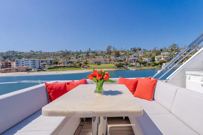 Gyrfalcon Yacht Photos Pics Flybridge seating area on 2016 Van der Valk 78 Motor Yacht with coastal view.