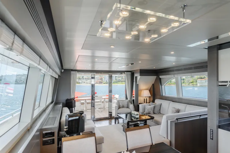 Gyrfalcon Yacht Photos Pics Luxurious interior of 2016 Van der Valk 78 Flybridge Motor Yacht with panoramic windows.