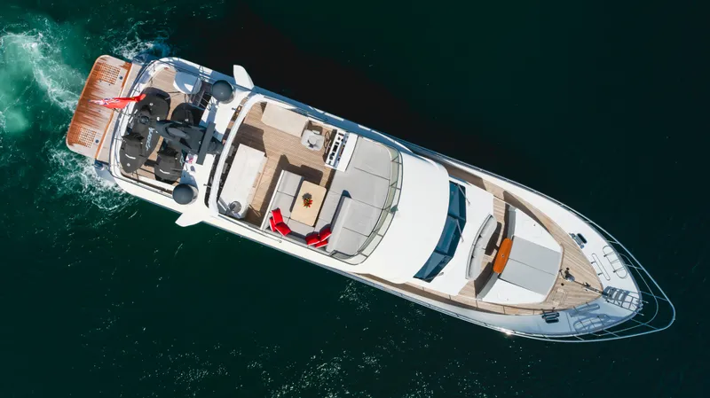 Gyrfalcon Yacht Photos Pics Aerial view of 2016 Van der Valk 78 Flybridge Motor Yacht cruising on water.