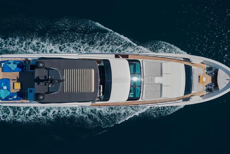 Sanlorenzo Sl118 Yacht Photos Pics Aerial view of 2021 Sanlorenzo SL118 yacht cruising on open water.