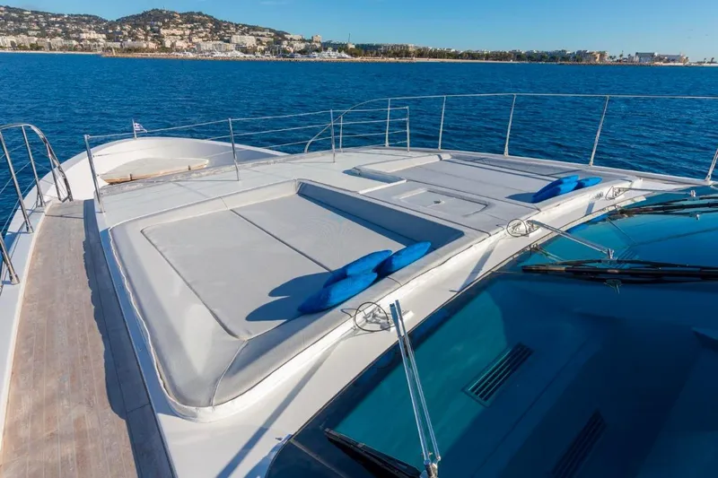 Sanlorenzo Sl118 Yacht Photos Pics Sanlorenzo SL118 yacht deck with sunbeds, overlooking serene blue waters, 2021 model.