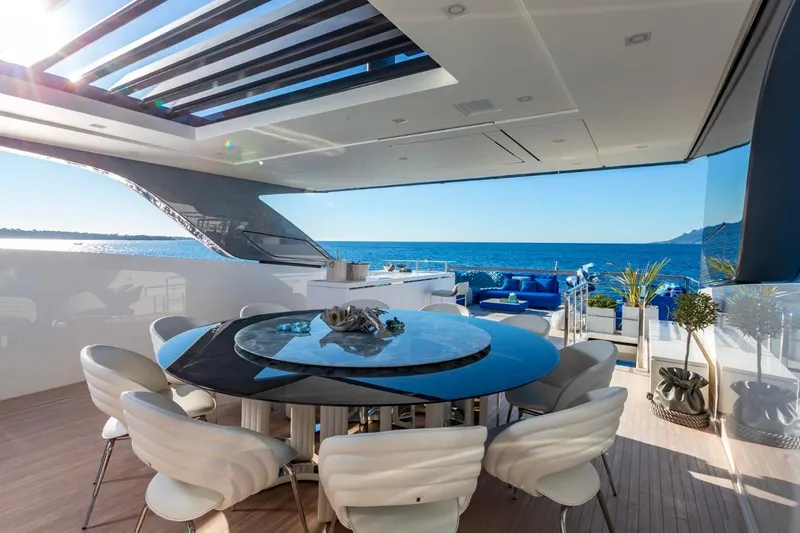 Sanlorenzo Sl118 Yacht Photos Pics Luxurious 2021 Sanlorenzo SL118 yacht with elegant dining area and ocean view.