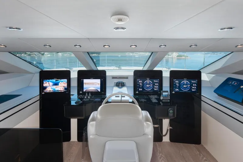 Sanlorenzo Sl118 Yacht Photos Pics Helm of 2021 Sanlorenzo SL118 yacht with modern navigation displays and panoramic windows.