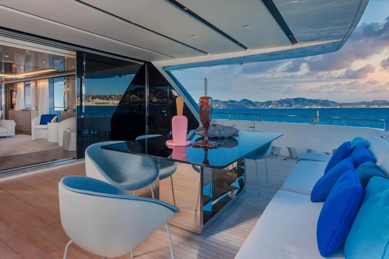 Sanlorenzo Sl118 Yacht Photos Pics Luxurious 2021 Sanlorenzo SL118 yacht deck with modern seating and ocean view.