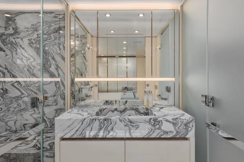 Sanlorenzo Sl118 Yacht Photos Pics Luxurious marble bathroom interior on 2021 Sanlorenzo SL118 yacht.