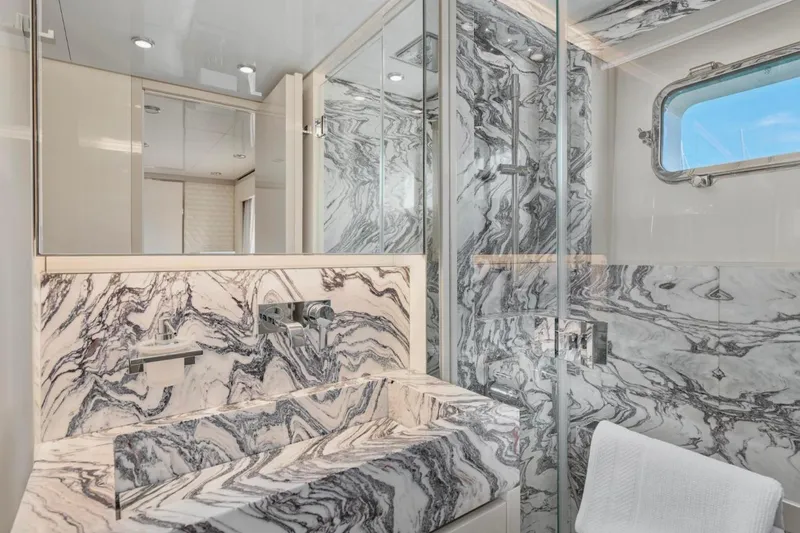 Sanlorenzo Sl118 Yacht Photos Pics Luxurious marble bathroom in 2021 Sanlorenzo SL118 yacht, featuring elegant fixtures and natural light.