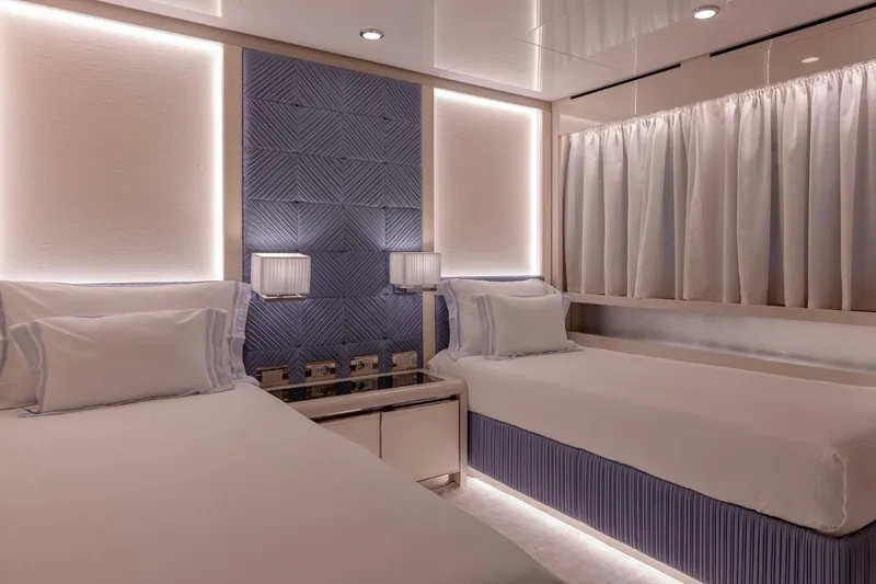 Sanlorenzo Sl118 Yacht Photos Pics Luxurious twin bedroom on 2021 Sanlorenzo SL118 yacht, featuring elegant lighting and modern decor.