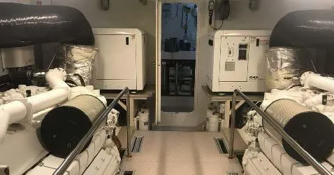  Yacht Photos Pics Engine room of 2012 Ferretti Yachts 881, featuring dual engines and equipment.