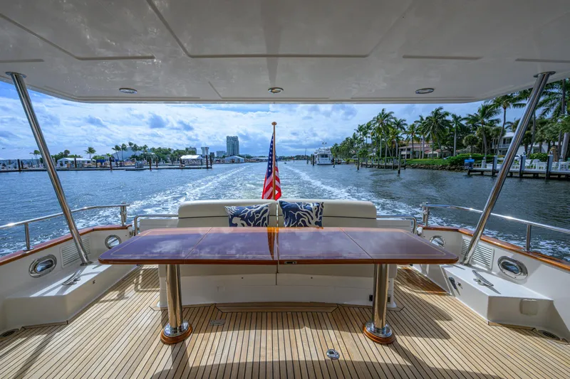 Monkey Business Yacht Photos Pics Luxurious 2007 Grand Banks 59 Aleutian RP yacht deck with scenic waterfront view.