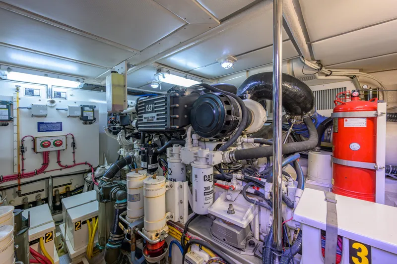 Monkey Business Yacht Photos Pics Engine room of 2007 Grand Banks 59 Aleutian RP yacht, featuring CAT marine power.