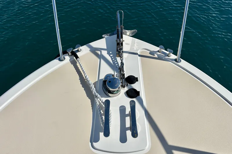 Handful Yacht Photos Pics Bow of 2014 MJM 40z yacht with anchor chain and rope on deck.