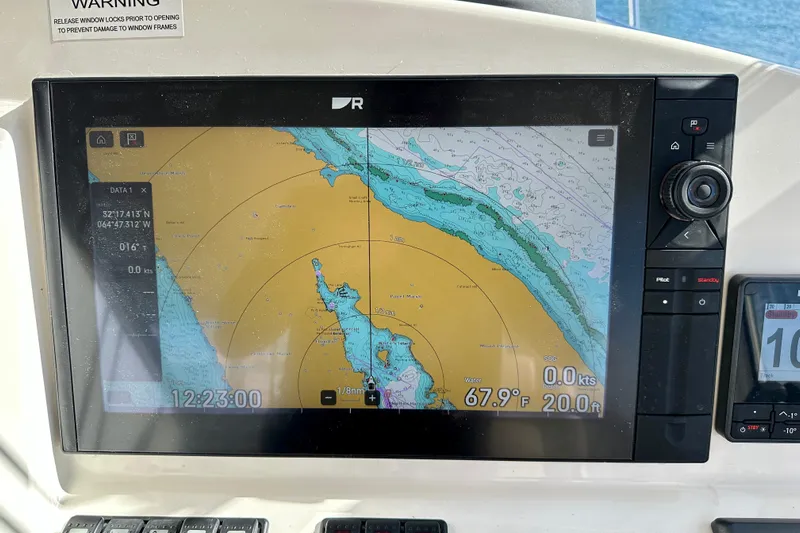 Handful Yacht Photos Pics Navigation display on a 2014 MJM 40z boat, showing a detailed marine chart.