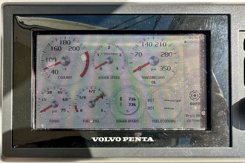 Handful Yacht Photos Pics Volvo Penta engine display on 2014 MJM 40z boat, showing various gauges and readings.