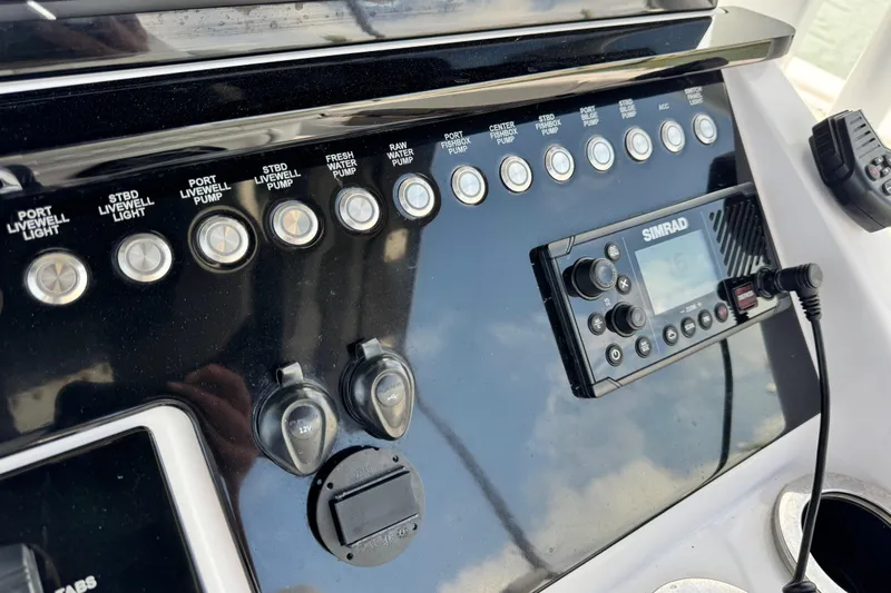  Yacht Photos Pics Control panel of a 2018 Fountain 34 Center Console boat with Simrad electronics.