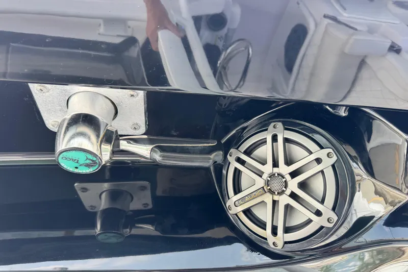  Yacht Photos Pics Close-up of 2018 Fountain 34 Center Console boat speaker and fitting.