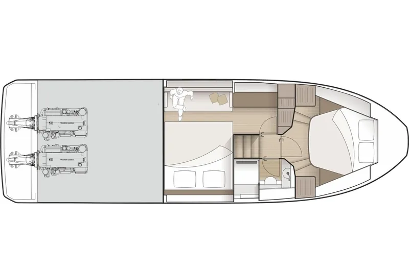  Yacht Photos Pics Floor plan of 2026 Marex 390 boat, featuring engines, cabins, and bathroom layout.
