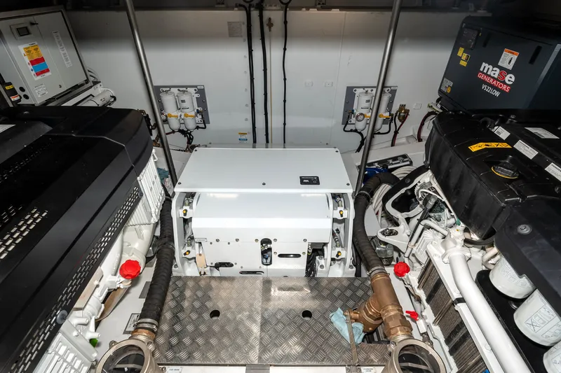  Yacht Photos Pics Engine room of 2024 Azimut 68 yacht, featuring advanced machinery and equipment.