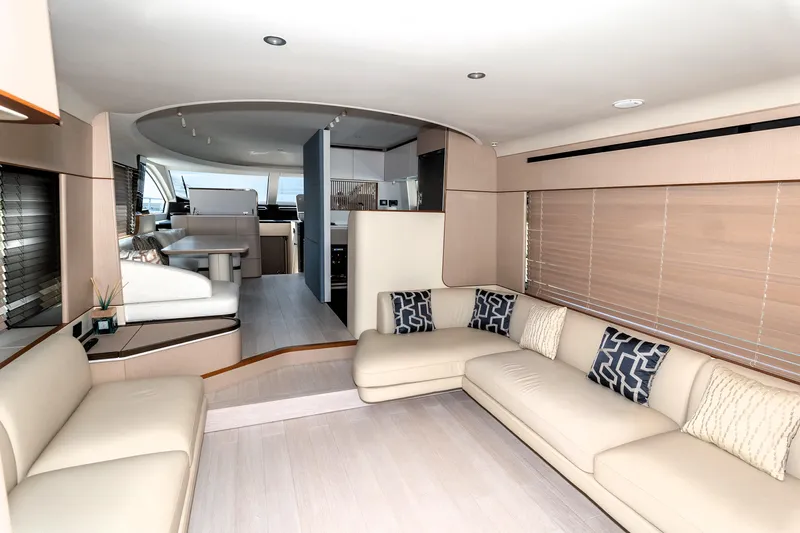  Yacht Photos Pics Luxurious interior of 2024 Azimut 68 yacht with modern seating and elegant design.