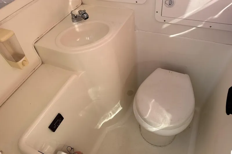 Showtime Yacht Photos Pics Compact bathroom in 2015 SeaVee 390Z boat with sink and toilet.