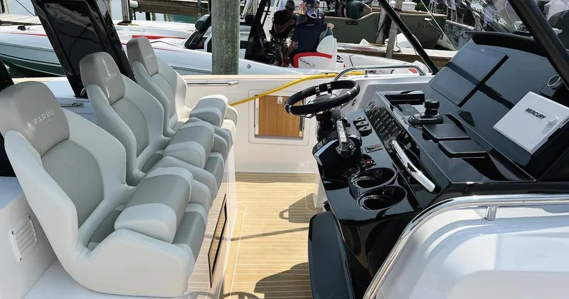  Yacht Photos Pics 2023 Pardo Yachts 38 Outboard interior with sleek seating and modern helm controls.
