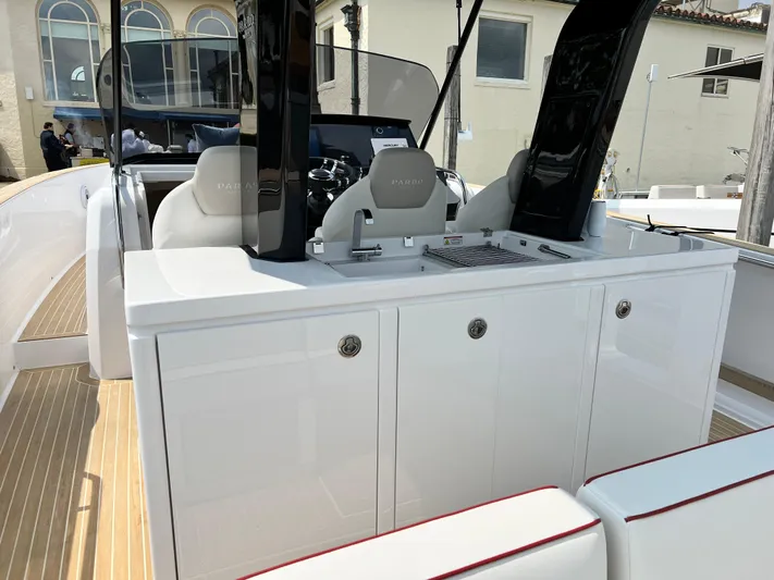  Yacht Photos Pics 2023 Pardo Yachts 38 Outboard interior with sleek cabinetry and modern helm design.