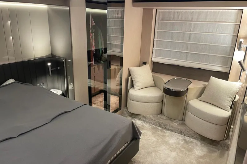  Yacht Photos Pics Luxurious interior of 2024 Cranchi 67 Sessantasette Fly yacht with elegant seating and modern decor.