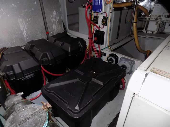  Yacht Photos Pics Engine room of 2005 Silverton 43 Motor Yacht with battery boxes and wiring.