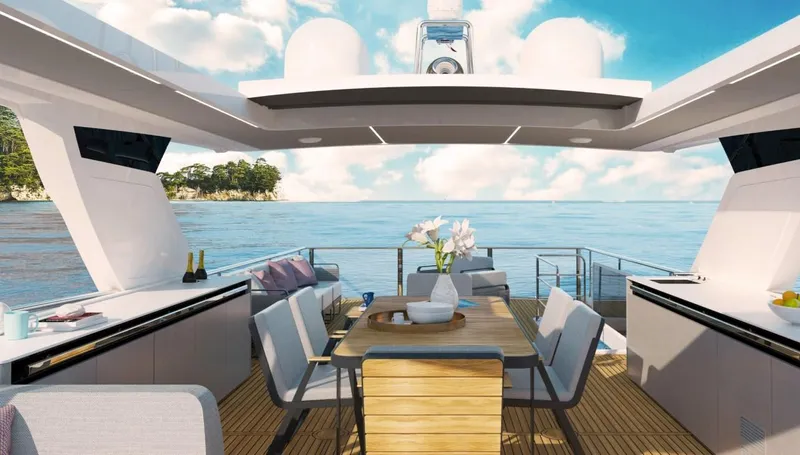 Absolute Navetta 70 Yacht Photos Pics Luxurious 2025 Absolute NAVETTA 70 yacht deck with elegant dining area and ocean view.