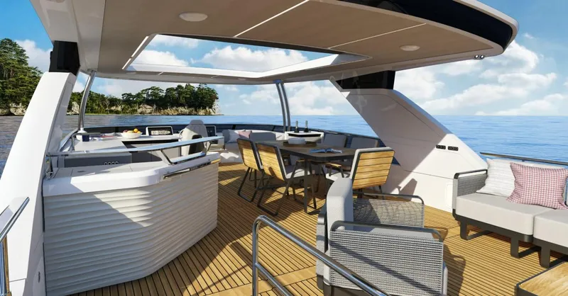 Absolute Navetta 70 Yacht Photos Pics Luxurious 2025 Absolute NAVETTA 70 yacht deck with dining area and ocean view.