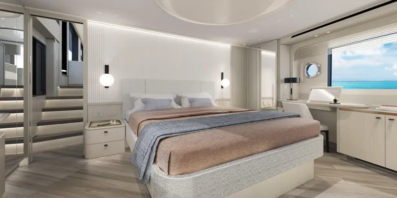 Absolute Navetta 70 Yacht Photos Pics Luxurious bedroom interior of 2025 Absolute NAVETTA 70 yacht with modern design and ocean view.
