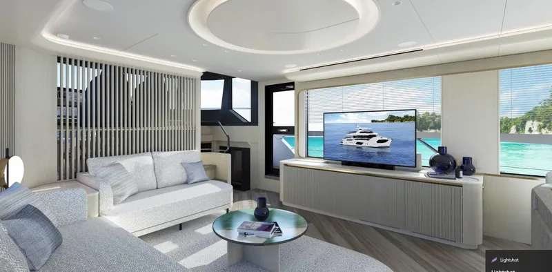 Absolute Navetta 70 Yacht Photos Pics Luxurious interior of 2025 Absolute NAVETTA 70 yacht with modern decor and ocean view.