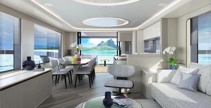 Absolute Navetta 70 Yacht Photos Pics Luxurious interior of 2025 Absolute NAVETTA 70 yacht with modern furnishings and ocean view.