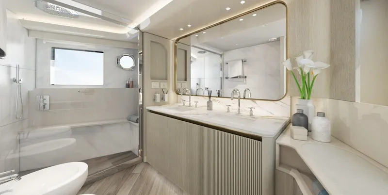 Absolute Navetta 70 Yacht Photos Pics Luxurious bathroom interior of 2025 Absolute NAVETTA 70 yacht, featuring elegant fixtures and modern design.