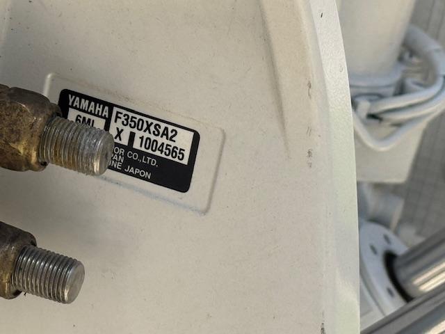 Yamaha F350XSA2 engine label on 2025 Robalo R300 Center Console boat.