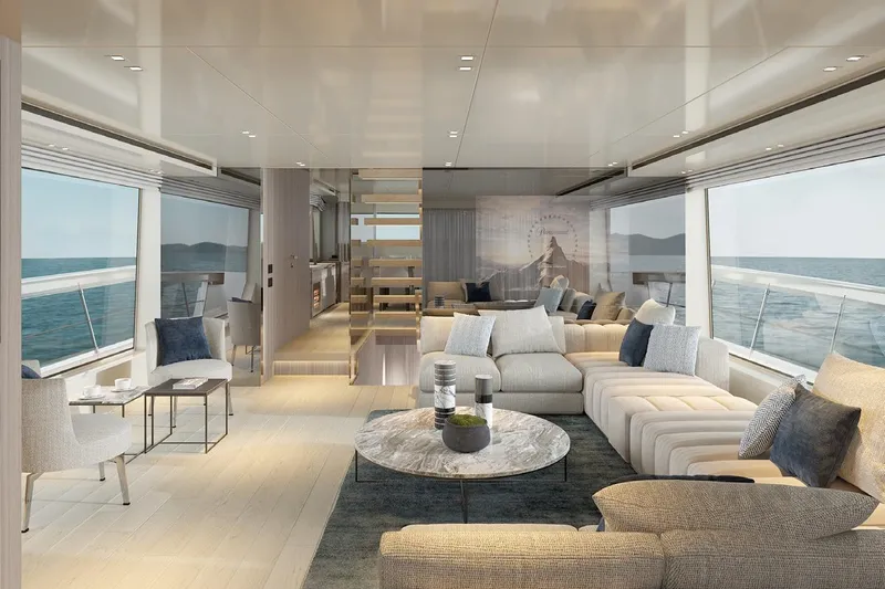 Sanlorenzo Sx88 Yacht Photos Pics Luxurious interior of 2025 Sanlorenzo SX88 yacht with modern furnishings and ocean views.