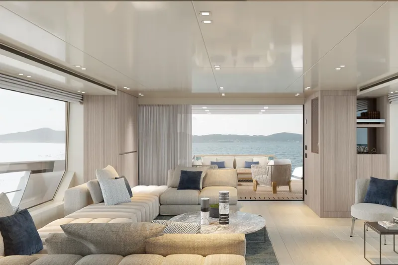 Sanlorenzo Sx88 Yacht Photos Pics Luxurious interior of 2025 Sanlorenzo SX88 yacht with modern furnishings and ocean view.