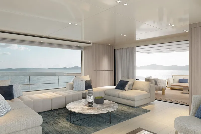 Sanlorenzo Sx88 Yacht Photos Pics Luxurious interior of 2025 Sanlorenzo SX88 yacht with ocean view and modern furnishings.