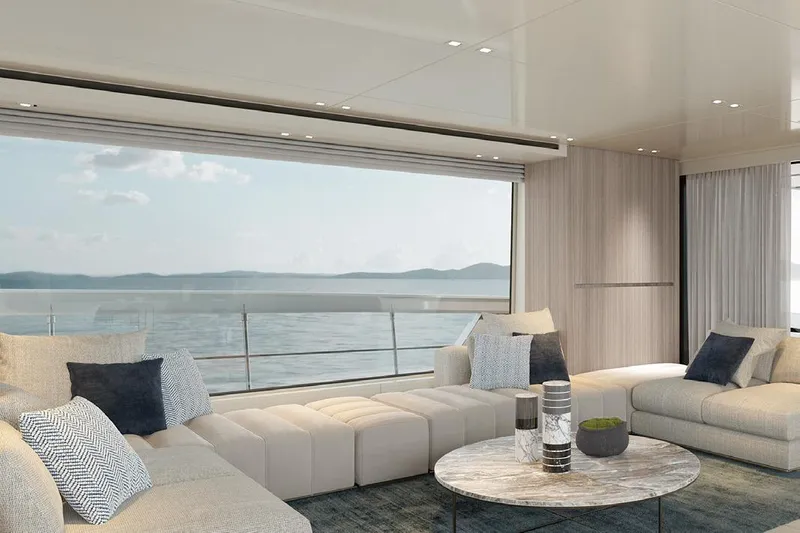 Sanlorenzo Sx88 Yacht Photos Pics Luxurious interior of 2025 Sanlorenzo SX88 yacht with ocean view and elegant seating.