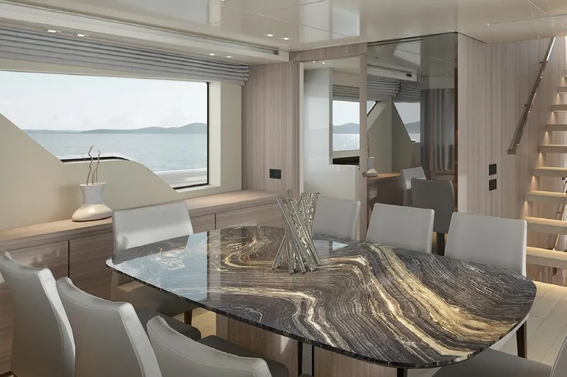 Sanlorenzo Sx88 Yacht Photos Pics Luxurious interior of 2025 Sanlorenzo SX88 yacht with elegant dining area and ocean view.