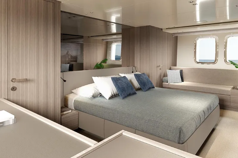 Sanlorenzo Sx88 Yacht Photos Pics Luxurious 2025 Sanlorenzo SX88 yacht bedroom with modern design and ocean view windows.