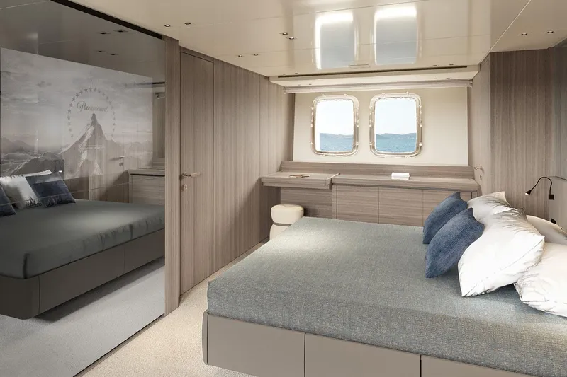 Sanlorenzo Sx88 Yacht Photos Pics Luxurious Sanlorenzo SX88 2025 yacht bedroom with modern design and ocean view.