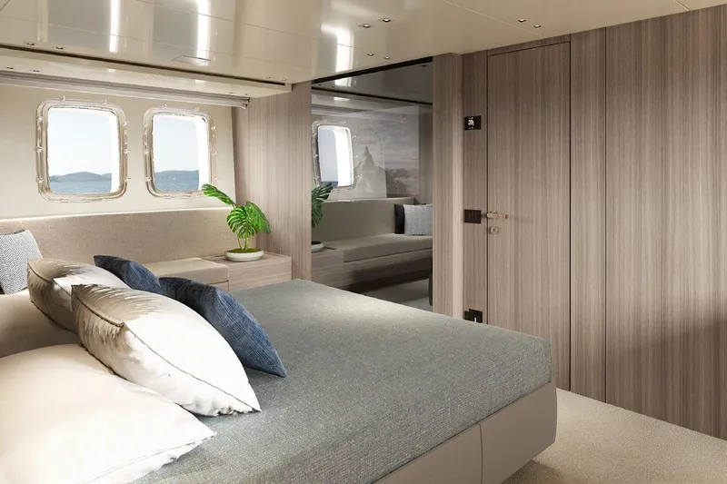 Sanlorenzo Sx88 Yacht Photos Pics Luxurious Sanlorenzo SX88 2025 yacht bedroom with modern decor and ocean view.